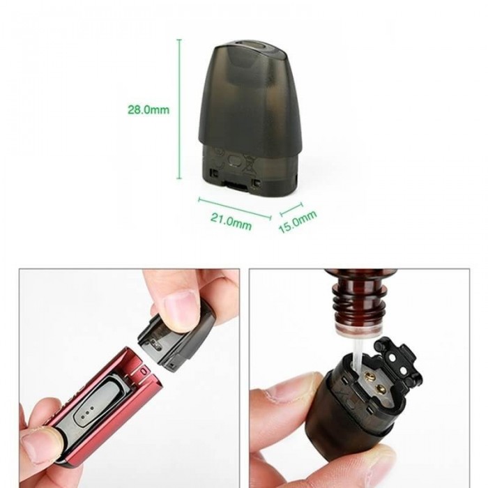 Justfog Minifit Pod Mod kartuşu, boyutları ve dolum gösterimi.