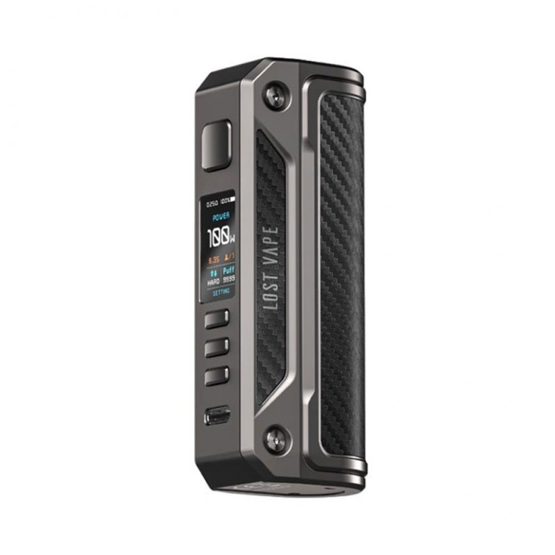 Lostvape Thelema Solo 100W Mod gri karbon fiber kaplama, dijital ekranlı.