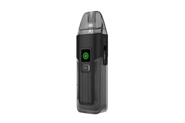 Vaporesso LUXE X2 Pod Siyah, şeffaf gövdeli, yeşil ışıklı elektronik sigara.