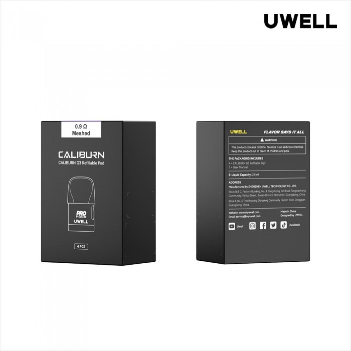 Uwell Caliburn G3 Kartuş 0.9Ω Mesh, 4'lü paket, siyah kutu.